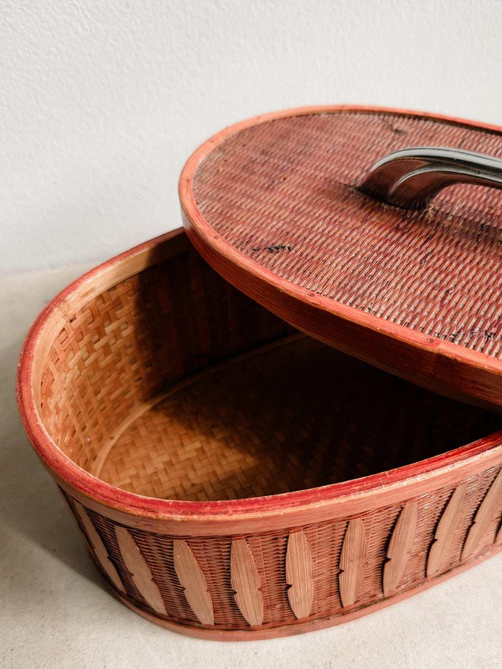 Mid Century Woven Rattan Storage Box with Handle