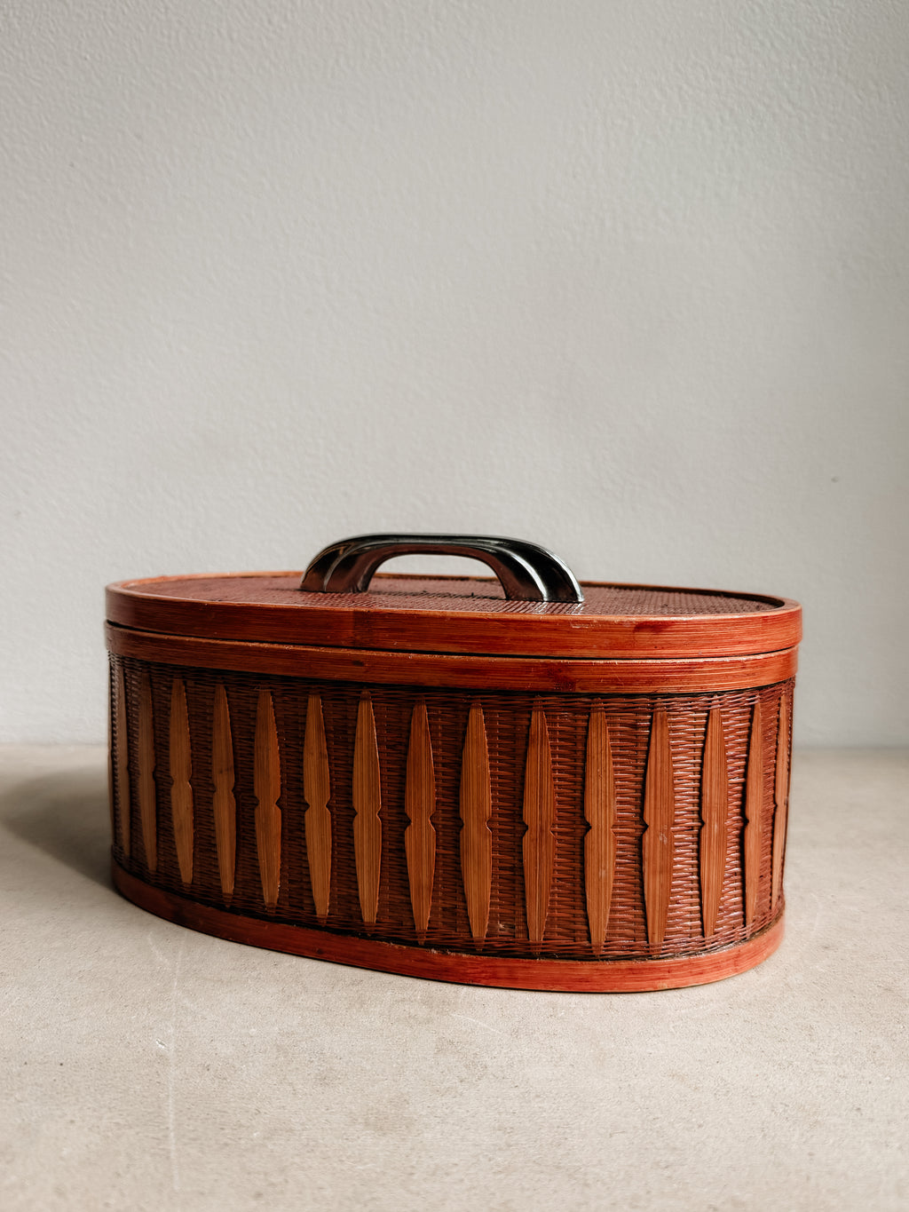 Mid Century Woven Rattan Storage Box with Handle