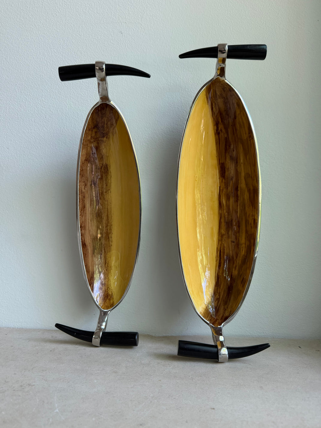 Pair of Vintage Horn Serving Trays with Horn handles