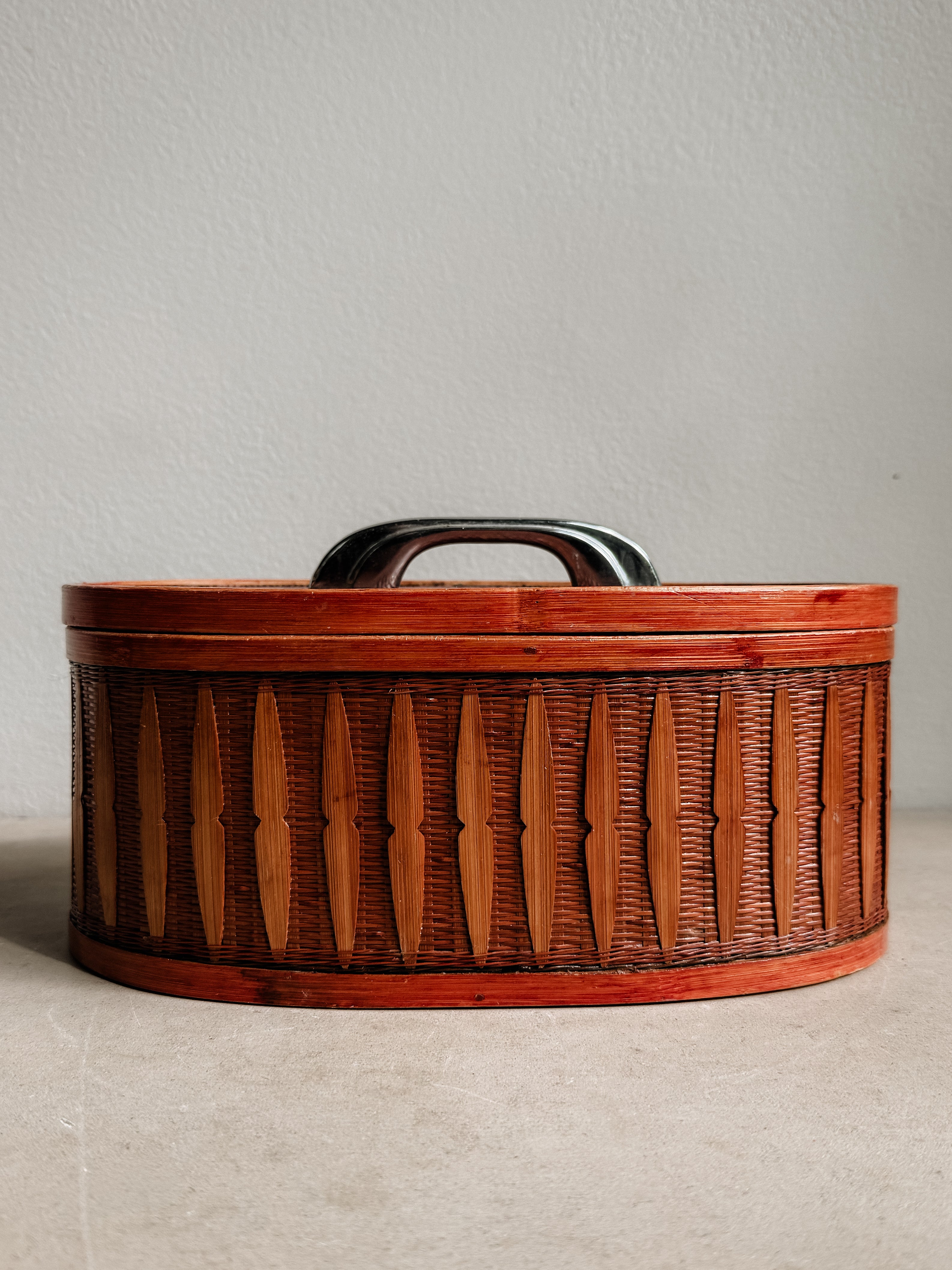 Mid Century Woven Rattan Storage Box with Handle
