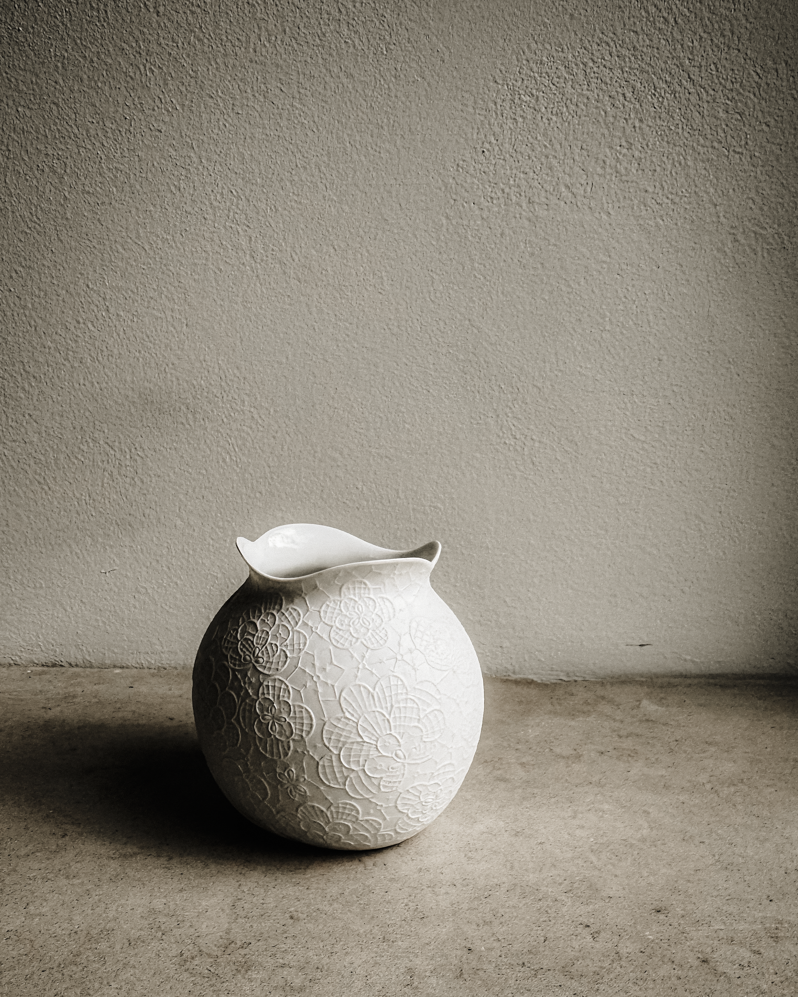 Mid-Century West German Pottery Vase with Embossed Geometric Floral Relief